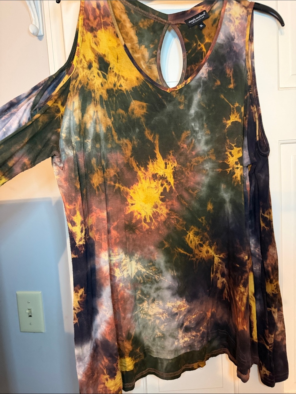 Paper Crane Olive, Yellow & Brown Tie-Dye Cold-Shoulder Tunic